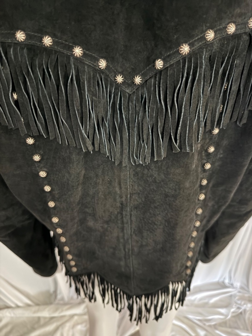 Saguaro Black Suede Leather Fringe Western Jacket | Red Satin Lining | Size L - Picture 14 of 16
